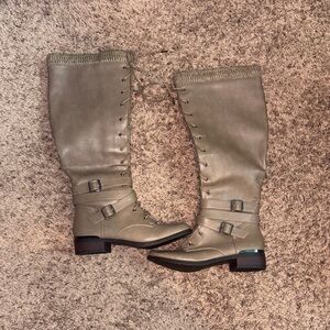 ✨ New Shoe Dazzle Taupe Knee-High Lace-Up Boots w/ Buckles | Y2K Vibes ✨